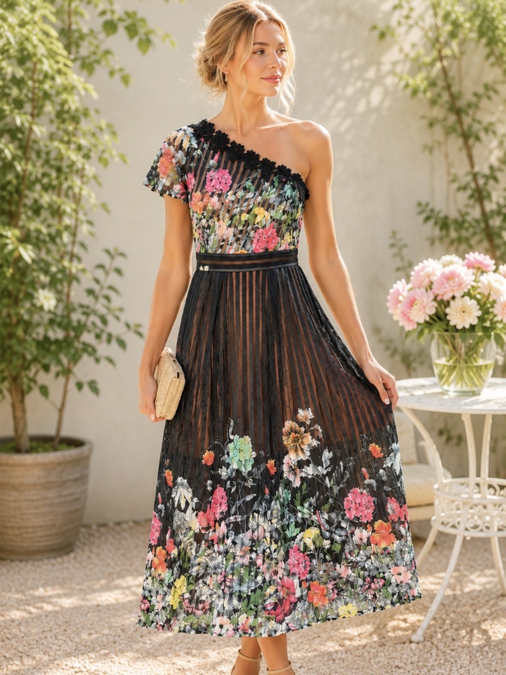 Foxiedox One Shoulder Floral Midi Dress Sheer Stripe Lace Trim A-Line Size 6